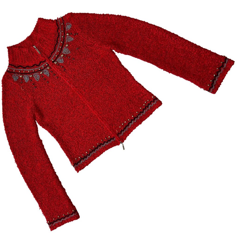 Kriss (Sweden) Vintage Bouclé Stitch Folk Beadwork Full Zip Mock Neck Sweater